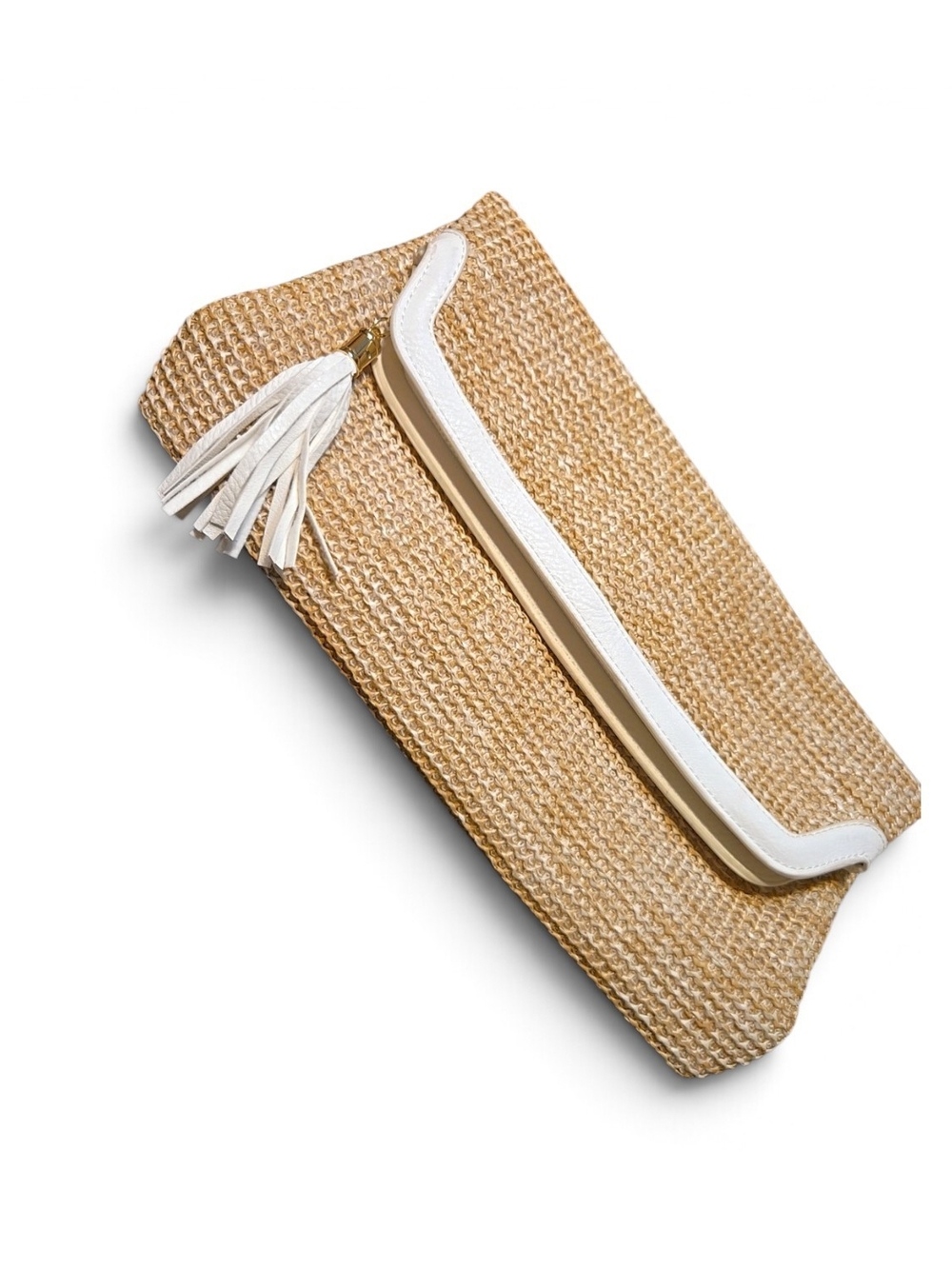 White Trim Natural Straw Fold-Over Clutch